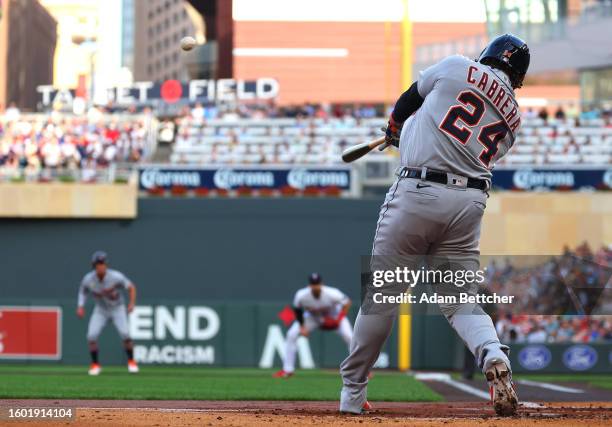 Miguel Cabrera of the Detroit Tigers hits a two-run home run in the second inning against the Minnesota Twins at Target Field on August 15, 2023 in...