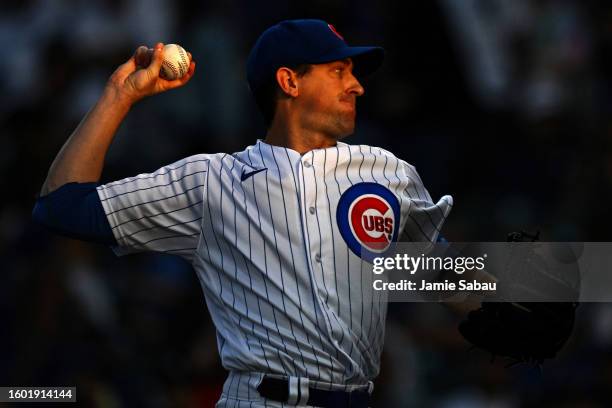 Kyle Hendricks of the Chicago Cubs pitches in the first inning against the Chicago White Sox at Wrigley Field on August 15, 2023 in Chicago, Illinois.