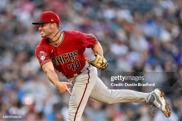 Bryce Jarvis of the Arizona Diamondbacks pitches in his MLB debut in the second inning against the Colorado Rockies at Coors Field on August 15, 2023...