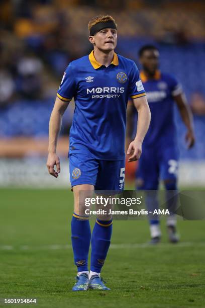 Morgan Feeney of Shrewsbury Town during the Sky Bet League One match between Shrewsbury Town and Burton Albion at The Croud Meadow on August 15, 2023...