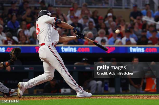 Matt Wallner of the Minnesota Twins hits a grand slam in the sixth inning against the Detroit Tigers at Target Field on August 15, 2023 in...