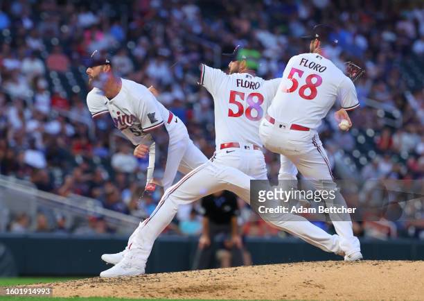 Dylan Floro of the Minnesota Twins pitches in the sixth inning against the Detroit Tigers at Target Field on August 15, 2023 in Minneapolis,...