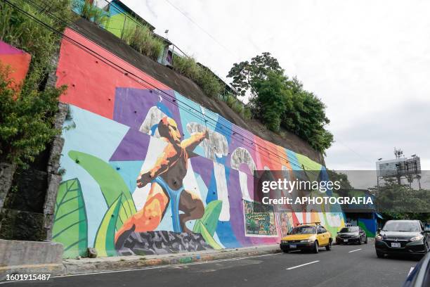 Graffiti with the design of a Maya Pipil Indian seen in an avenue on August 15, 2023 in San Salvador, El Salvador.