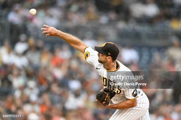 Michael Wacha of the San Diego Padres pitches during the first inning of a baseball game against the Baltimore Orioles on August 15, 2023 at Petco...