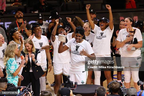 Jonquel Jones of the New York Liberty receives the MVP trophy during the 2023 Commissioner's Cup Championship on August 15, 2023 at Michelob ULTRA...