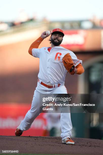 Jakob Junis of the San Francisco Giants pitching against the Tampa Bay Rays at Oracle Park on August 15, 2023 in San Francisco, California.