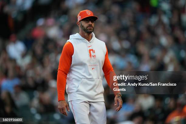 Manager Gabe Kapler of the San Francisco Giants walking off the field after getting ejected against the Tampa Bay Rays at Oracle Park on August 15,...