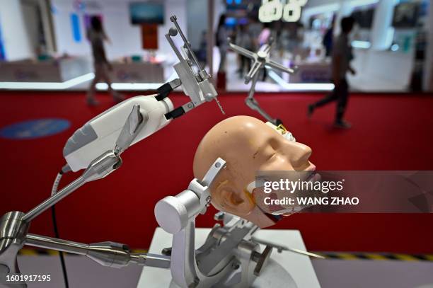 Robotic arm for surgery is pictured at the 2023 World Robot Conference in Beijing on August 16, 2023.