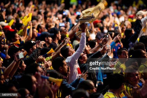Fans of Colombia react during the welcoming event of Colombia's national womens football team after the Australia and New Zealand womens World Cup in...