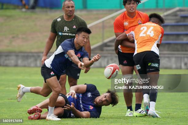 Japan's scrum-half Naoto Saito takes part in a training session in Tokyo on August 16 a day after the selection announcement of Japan's national team...