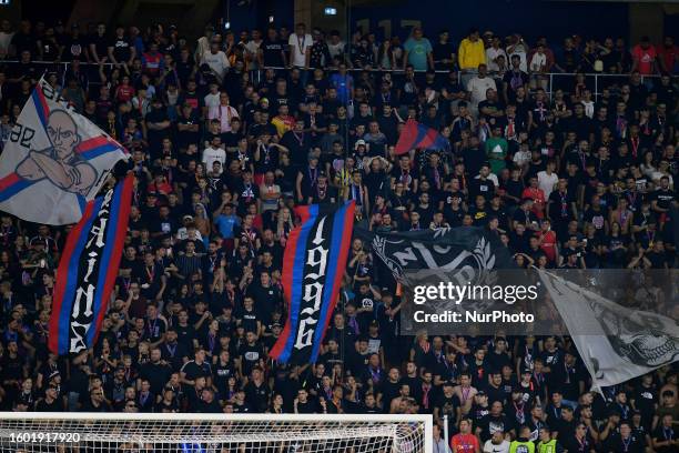 Fans in action during the UEFA Europa Conference League Third Qualifying Round First Leg match between FCSB and FC Nordsjaelland at Ghencea Stadium,...
