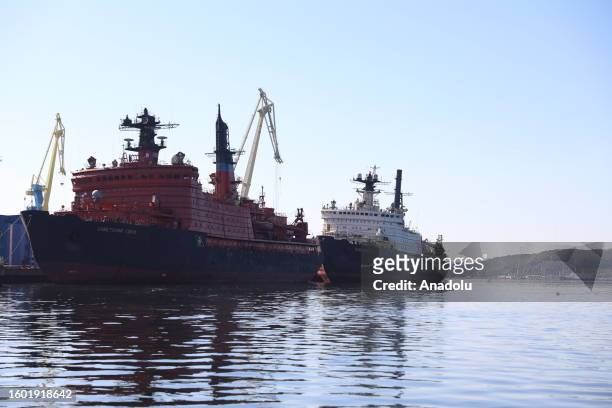 View of special-purpose ships, icebreakers responsible of the safety of navigation in the Northern Sea Route , in Murmansk, Russia on August 10,...