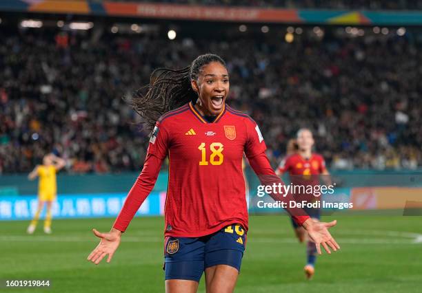 Salma Paralluelo of Spain celebrates the teams first goal during the FIFA Women's World Cup Australia & New Zealand 2023 Semi Final match between...