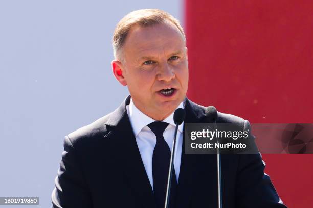 Andrzej Duda, the Polish President, speaks during a military parade under the name 'Strong White-Red' on Polish Armed Forces Day in Warsaw, Poland on...