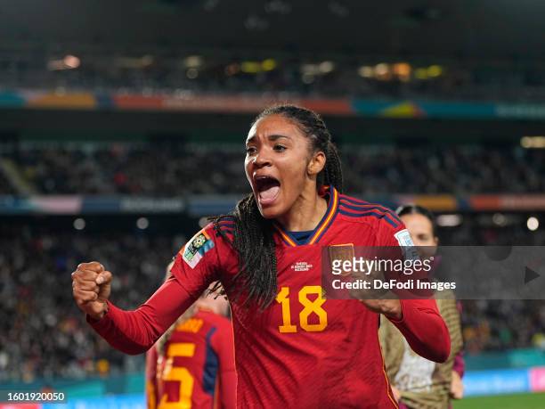 Salma Paralluelo of Spain celebrates the teams first goal during the FIFA Women's World Cup Australia & New Zealand 2023 Semi Final match between...
