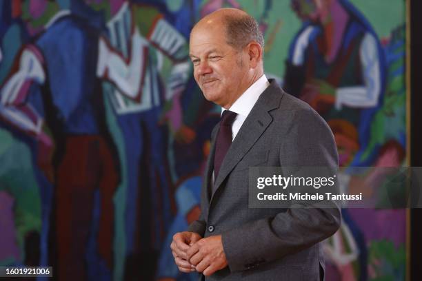 German Chancellor Olaf Scholz arrives for the weekly cabinet meeting on August 16, 2023 in Berlin, Germany.
