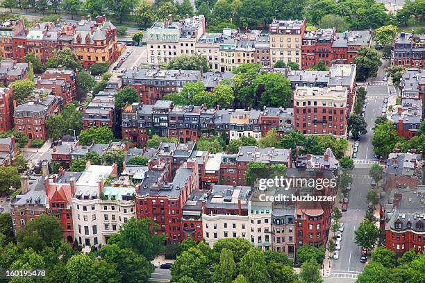 aerial view of a boston city residential district - boston aerial stock pictures, royalty-free photos & images