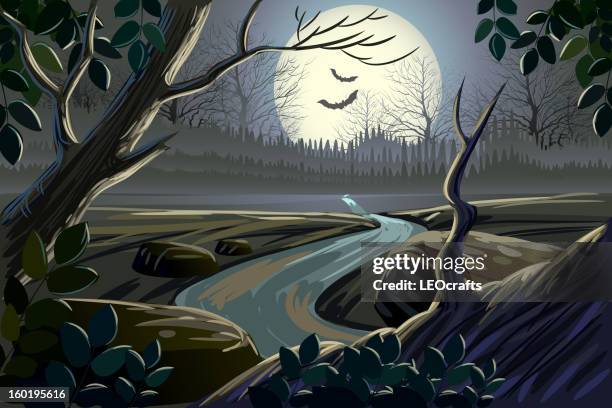 beautiful spooky landscape - halloween moon stock illustrations