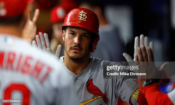 Nolan Arenado of the St. Louis Cardinals is celebrates after hitting a home run in the second inning during a game at Tropicana Field on August 08,...