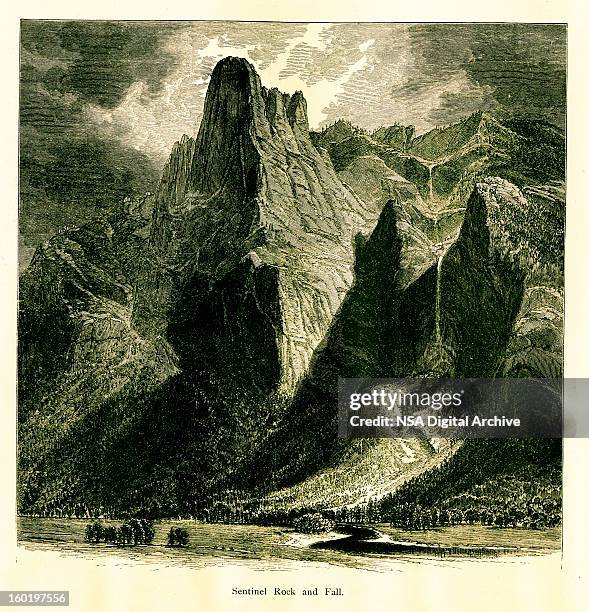 sentinel rock and falls, yosemite valley, california - northern nevada stock illustrations