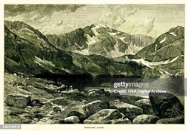 chicago lake at the foot of mount evans, colorado - hill range stock illustrations