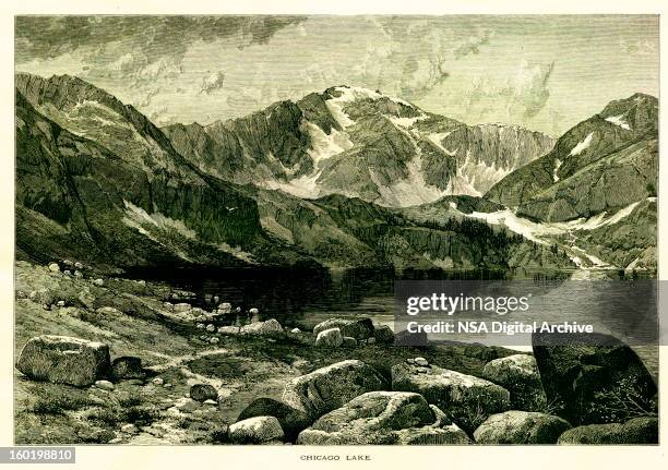 chicago lake at the foot of mount evans, colorado - mt evans colorado stock illustrations