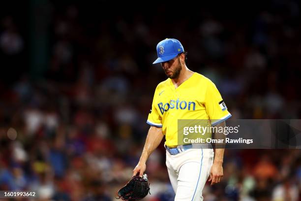 Starting pitcher Kutter Crawford of the Boston Red Sox leaves the game at the top of the fourth inning of the game against the Kansas City Royals at...