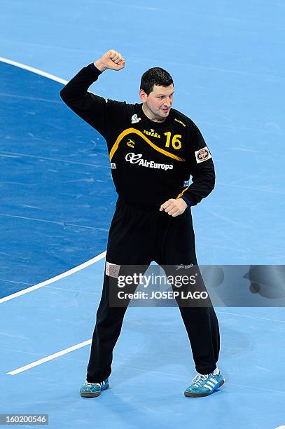 Spain's goalkeeper Arpad Sterbik reacts during the 23rd Men's Handball World Championships final match Spain vs Denmark at the Palau Sant Jordi in...