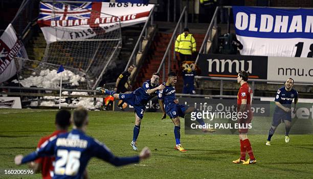 Oldham Athletic's English player Reece Wabara celebrates scoring a goal during the English FA Cup fourth round football match between Oldham Athletic...