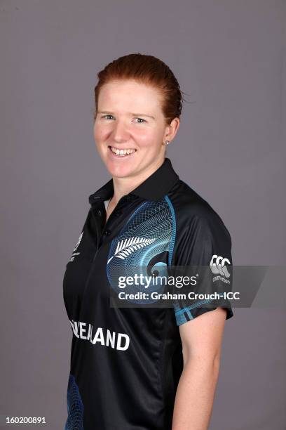 Katie Perkins of New Zealand poses at a portrait session ahead of the ICC Womens World Cup 2013 at the Taj Mahal Palace Hotel on January 27, 2013 in...