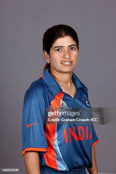 Sulakshana Naik of India poses at a portrait session ahead of the ICC Womens World Cup 2013 at the Taj Mahal Palace Hotel on January 27, 2013 in...