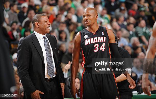 Head Coach Doc Rivers of the Boston Celtics shares a laugh with Ray Allen of the Miami Heat on January 27, 2013 at the TD Garden in Boston,...