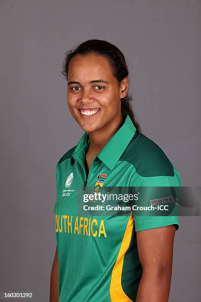Chloe Tryone of South Africa poses at a portrait session ahead of the ICC Womens World Cup 2013 at the Taj Mahal Palace Hotel on January 27, 2013 in...