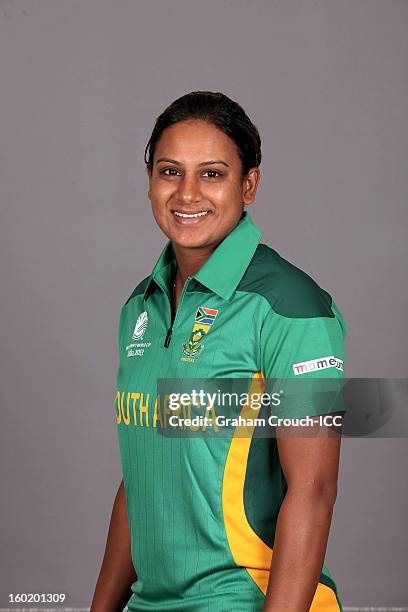 Trisha Chetty of South Africa poses at a portrait session ahead of the ICC Womens World Cup 2013 at the Taj Mahal Palace Hotel on January 27, 2013 in...