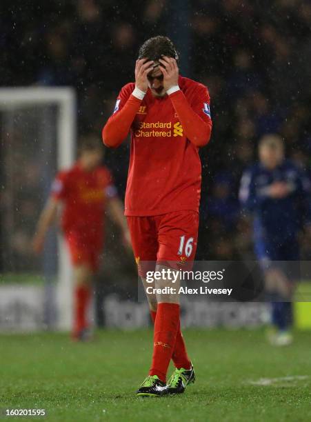 Sebastian Coates of Liverpool looks dejected during the FA Cup with Budweiser Fourth Round match between Oldham Athletic and Liverpool at Boundary...