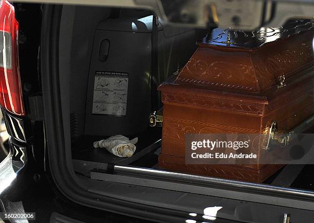 View of a coffin after last night fire in Santa Maria on January 27, 2013 in Santa Maria, Brazil. Last night the nightclub Kiss caught fire killing...