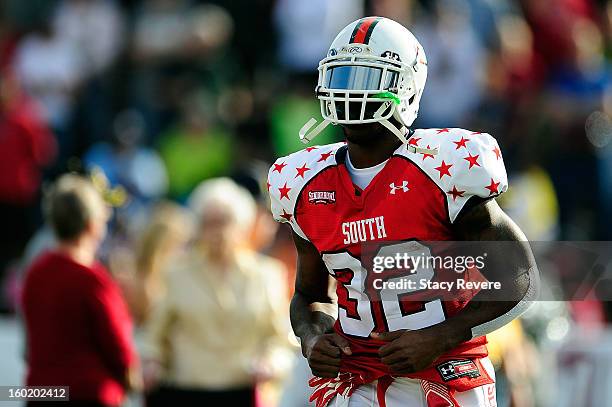 Mike James of the South squad takes the field against the North squad during the Senior Bowl at Ladd Peebles Stadium on January 26, 2013 in Mobile,...