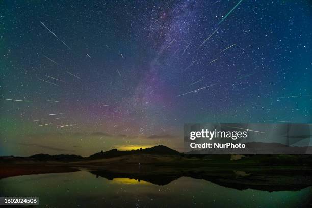 The Perseid meteor shower is seen over the Ulanbum grassland in Chifeng city, Inner Mongolia, China, August 14, 2023.