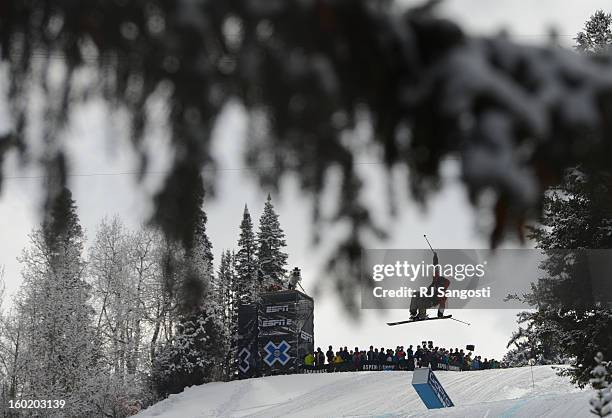 Andreas Hatveit flies high during the Ski Slopestyle Men's Final, January 27, 2013. The 2013 Winter X Games at Buttermilk Mountain in Aspen.