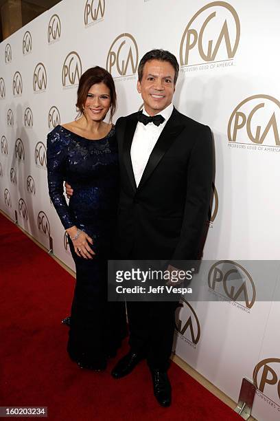 Producer Michael DeLuca and Angelique Madrid arrive at the 24th Annual Producers Guild Awards held at The Beverly Hilton Hotel on January 26, 2013 in...