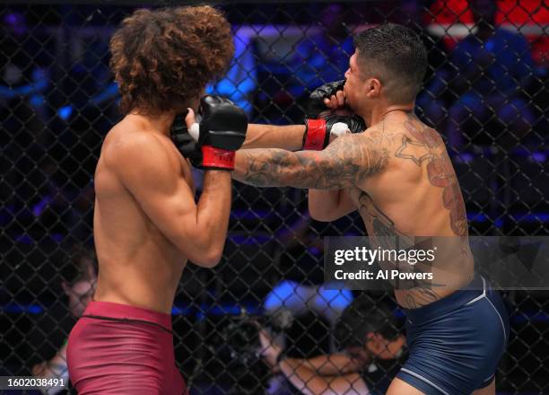 Payton Talbott punches Reyes Cortez Jr. In a bantamweight fight during Dana White's Contender Series season seven, week one at UFC APEX on August 08,...