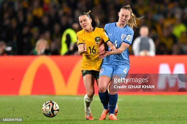 Australia's forward Hayley Raso fights for the ball with England's midfielder Keira Walsh during the Australia and New Zealand 2023 Women's World Cup...