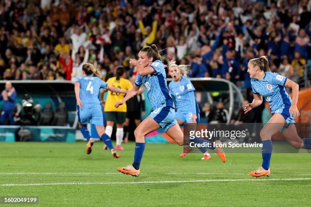 Ella Toone of England celebrates her goal during the Women's World Cup Semi Final football match between the Australia Matildas and England at...