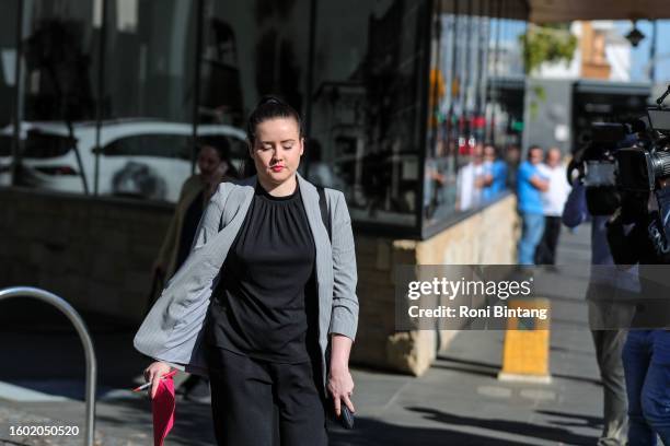 Jemma O’Brien, lawyer for Brett Andrew Button, the driver of the Hunter Valley bus that crashed in June, killing 10 people, leaves Newcastle Local...