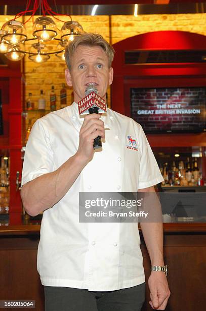 Television personality and chef Gordon Ramsay speaks during a traditional Sunday Roast at Gordon Ramsay Pub & Grill at Caesars Palace in celebration...