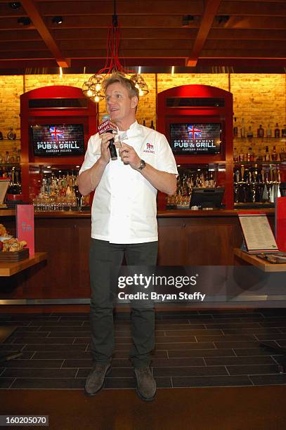 Television personality and chef Gordon Ramsay speaks during a traditional Sunday Roast at Gordon Ramsay Pub & Grill at Caesars Palace in celebration...