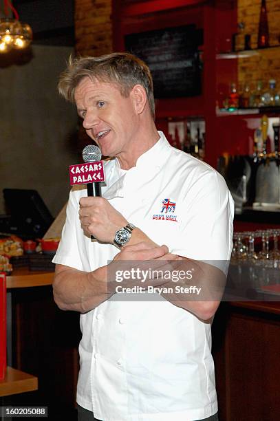 Television personality and chef Gordon Ramsay speaks during a traditional Sunday Roast at Gordon Ramsay Pub & Grill at Caesars Palace in celebration...