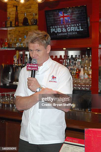 Television personality and chef Gordon Ramsay speaks during a traditional Sunday Roast at Gordon Ramsay Pub & Grill at Caesars Palace in celebration...