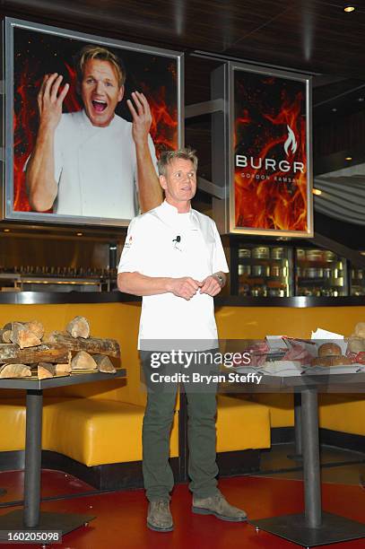 Television personality and chef Gordon Ramsay speaks during a traditional Sunday Roast at Gordon Ramsay BurGR at Planet Hollywood Resort & Casino in...