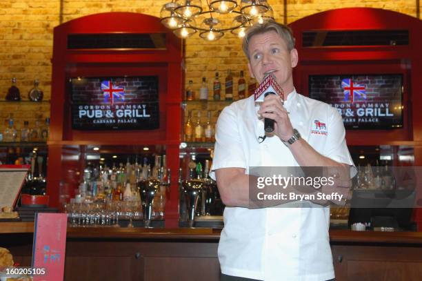 Television personality and chef Gordon Ramsay speaks during a traditional Sunday Roast at Gordon Ramsay Pub & Grill at Caesars Palace in celebration...